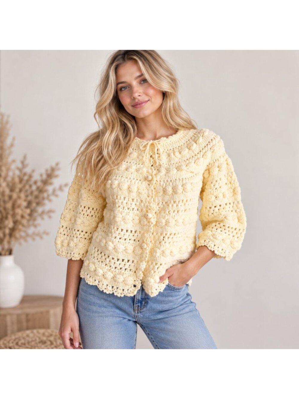 Vintage Wool Crochet Open Knit Ivory Cardigan 3/4 sleeve S